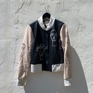 Faux leather / cloth color block button up jacket
